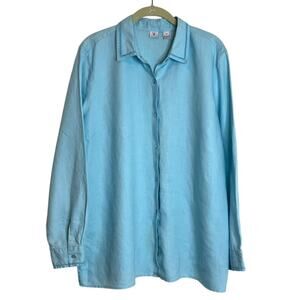 Real Clothes Womens Linen Button Up Blouse Size 14 Aqua 100% Linen